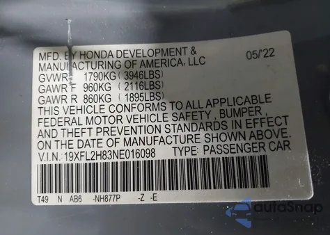 2022 Honda Civic Sport from USA, damaged, VIN 19XFL2H83NE016098